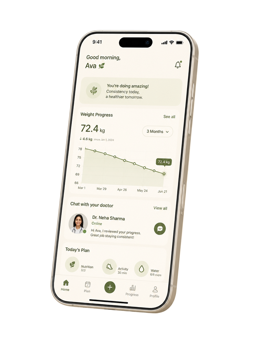 Tela do aplicativo com evolução de peso e conversa com a médica